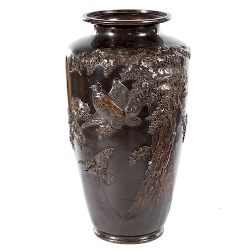Large Japanese Bronze Relief Decorated Vase