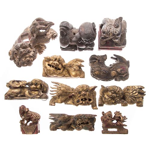 Ten Chinese Carved Wood Foo Dog Figures