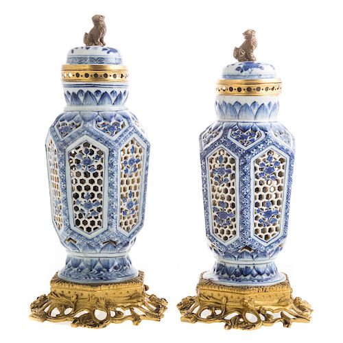 Pair Chinese Export Blue/white Double Wall Urns