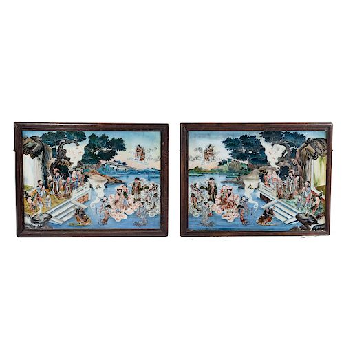 Pair Large Chinese Reverse Glass Paintings