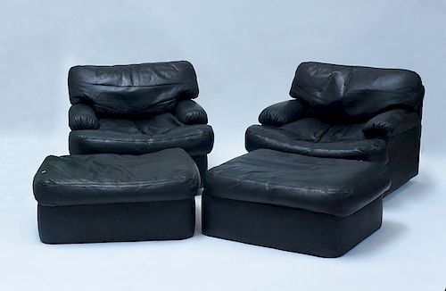 Pair black leather chairs and ottomans