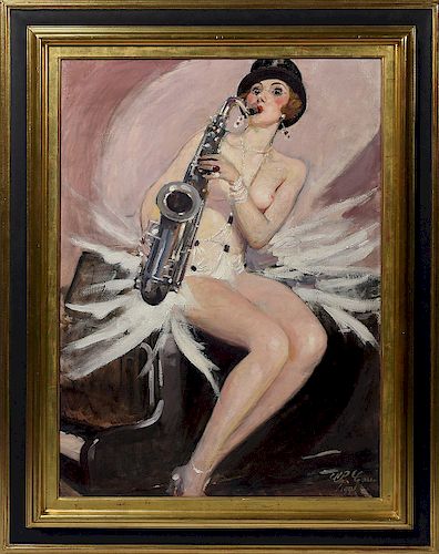 Charley Garry (Fr. 1891-1973) Art Deco oil on canvas of female saxophone player