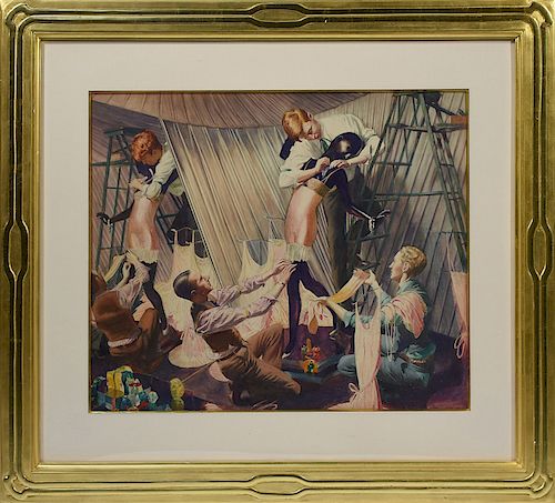 John Rutherford Boyd, Illustrator (Am. 1884-1951) watercolor on paper of three male window dressers putting lingerie on female mannequin