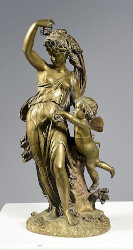 Anatore J. Guillot (French, 1865-1911) 19th C. bronze figure of beautiful young woman with cherub