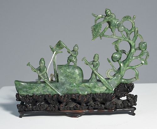 Chinese Republic period carved jade boat with figures on interior