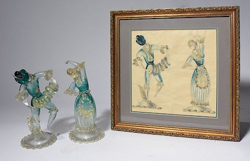 Venetian glass dancers with model sketch done in watercolor on paper