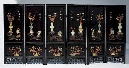 Chinese six panel jade screen with multi colored jades