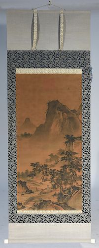 Chinese painted scroll of mountain landscape