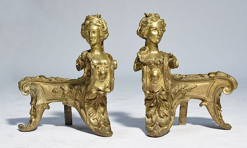 Pair French 19th C. bronze figural chenets