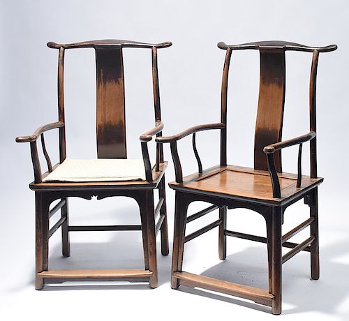Pair of early Chinese yoke back armchairs in old color
