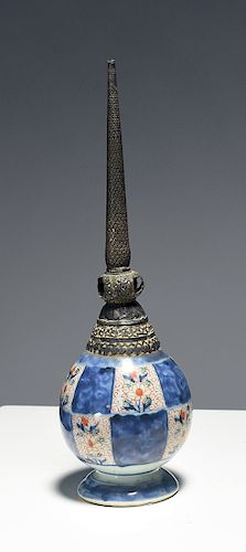 19th C. Persian porcelain and silver holy water bottle