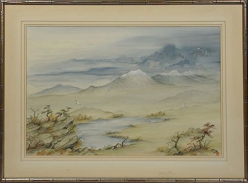 Asian water color, 19th/20th C. mountainous landscape 