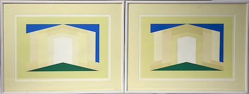 Two abstract serigraphs, "Dux Stratton" ink used glows in the dark