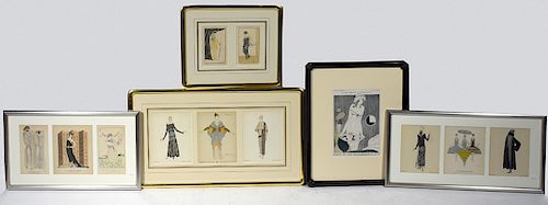 Five Art Deco fashion prints framed