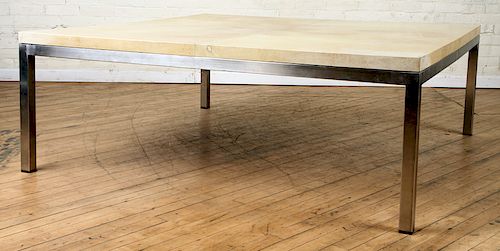 LARGE PARCHMENT AND CHROME COFFEE TABLE C. 1980