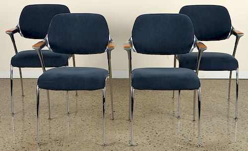 SET 4 WOOD CHROME CHAIRS UPHOLSTERED BY THONET