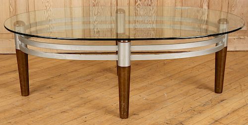 OBLONG GLASS WOOD AND METAL COFFEE TABLE