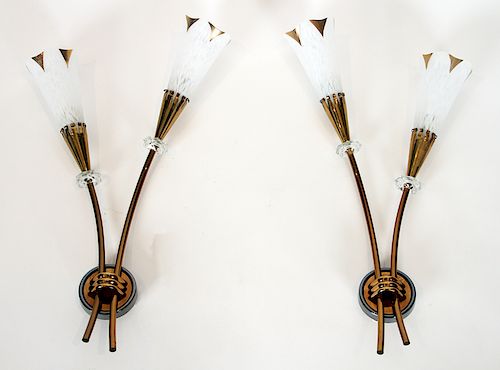 A PAIR FRENCH BRONZE CRYSTAL WALL SCONCES C.1960