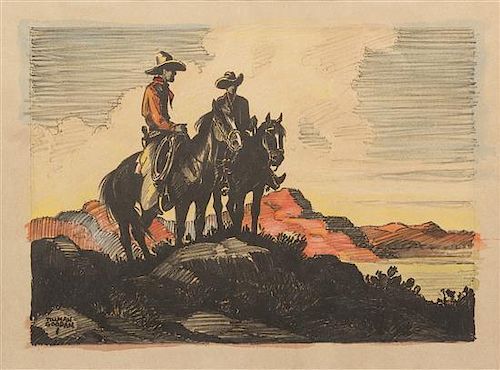 Tillman Parker Goodan, (American, 1896-1958), Cowboys On a Bluff