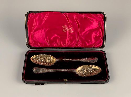 A Pair of English Silver Berry Spoons in Fitted Case