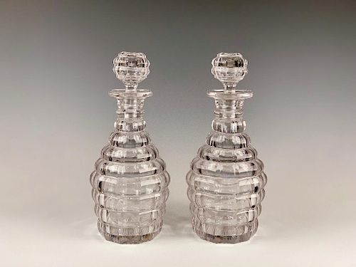 Pair of Heavy Cut Crystal Faceted Decanters