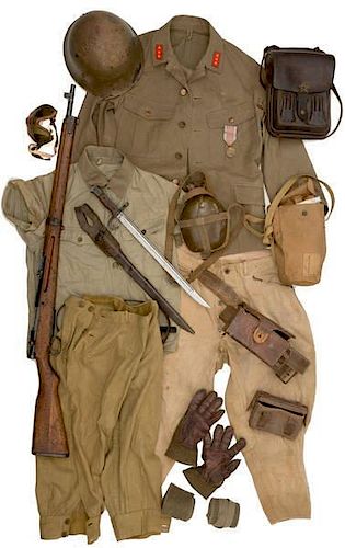 **Japanese WWII Uniform, Field Gear and Rifle With Bayonet 