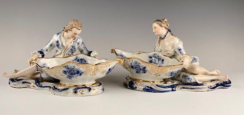 Pair of Sitzendorf Porcelain Figural Sweetmeat Dishes