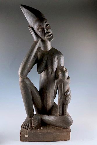 Large Wood Sculpture of Mother and Juvenile