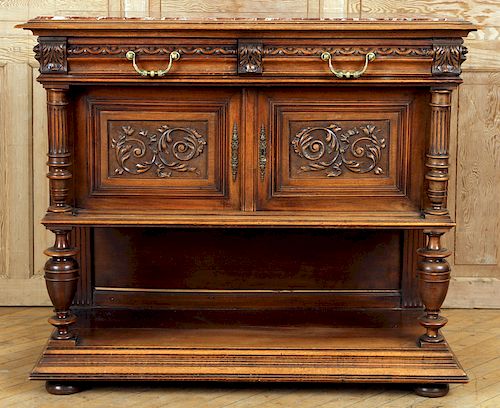 MARBLE TOP FRENCH CARVED WALNUT SERVER C.1900