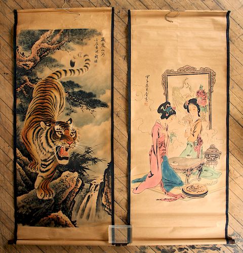 TWO CHINESE SCROLLS PRINTED FIGURALS AND TIGER