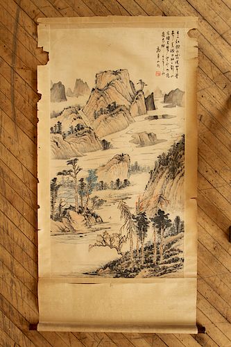 SIGNED ANTIQUE CHINESE WATERCOLOR ON PAPER SCROLL