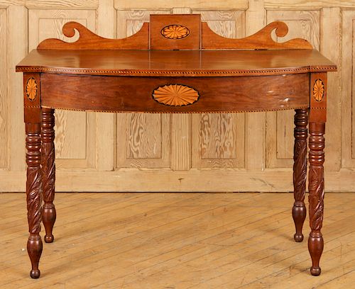 19TH C. CARVED MAHOGANY CONSOLE WITH FAN INLAY