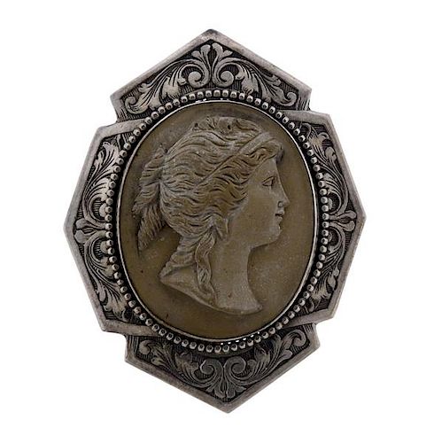 Antique Sterling Silver Lava Cameo Brooch Pin 