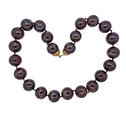18K Gold Iron Tiger&#39;s Eye Bead Necklace