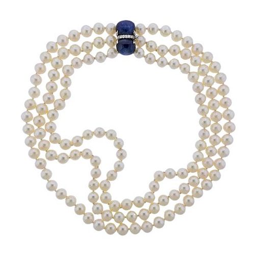 Seaman Schepps 18K Gold Diamond Pearl Three Strand Necklace