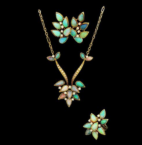 18K Opal Diamond Necklace Earrings & Ring Set