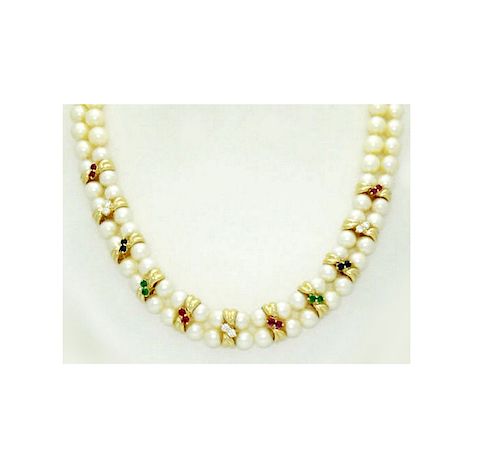 14K Yellow Gold Necklace Pearls Diamonds Ruby Emerald