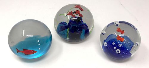 Three Aquatic Art Glass Paperweights 