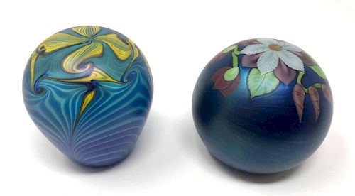 Two Floral Iridescent Art Glass Paperweights, One Orient & Flume 