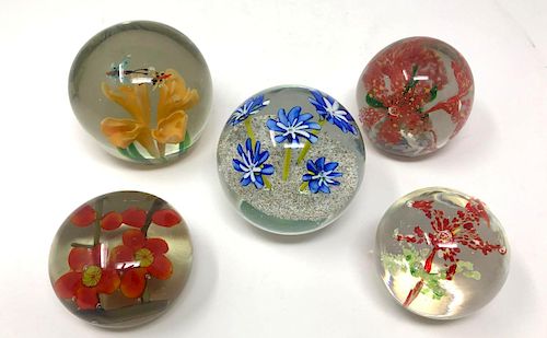 Five Floral Art Glass Paperweights