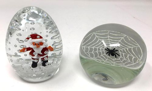 Murano Santa Paperweight & Spider Art Glass Paperweight 