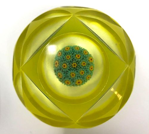 Murano Double Overlay Faceted Millefiori Paperweight 