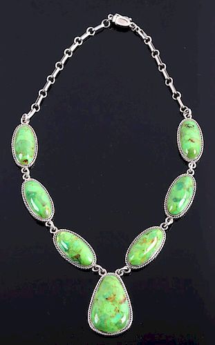 Signed Navajo Sterling Silver Gaspeite Necklace