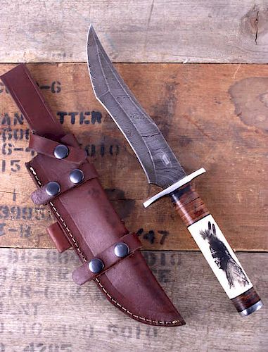Montana Territory Knives Indian Scrimshaw Damascus