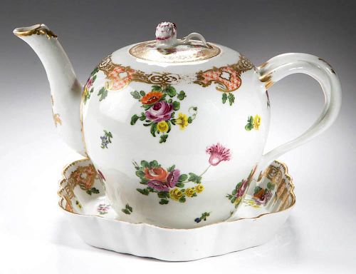 ENGLISH CHAMPION'S BRISTOL PORCELAIN TEAPOT, COVER AND STAND