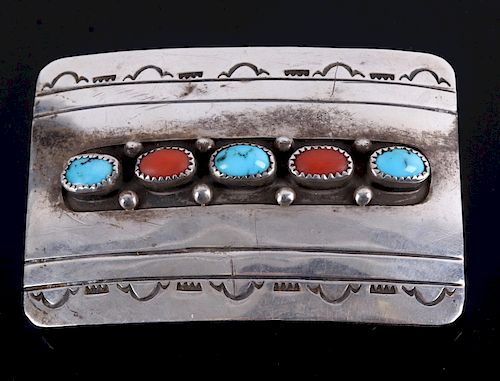 Signed Navajo Turquoise & Coral Belt Buckle