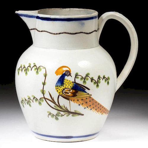 ENGLISH STAFFORDSHIRE POTTERY PEARLWARE PEAFOWL PITCHER
