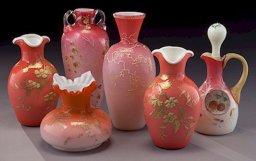 (6) Pink satin glass items,
