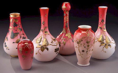 (6) European peach blow glass vases,