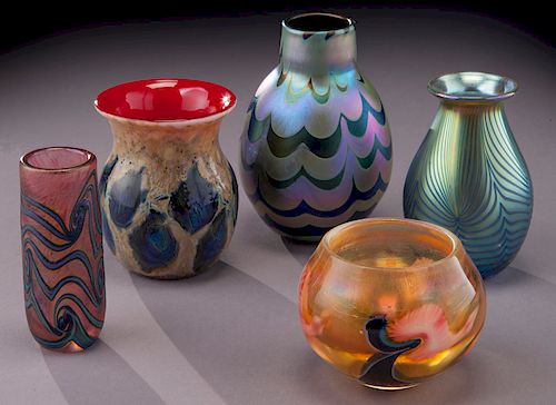 (5) Diminutive Lotton glass vases,